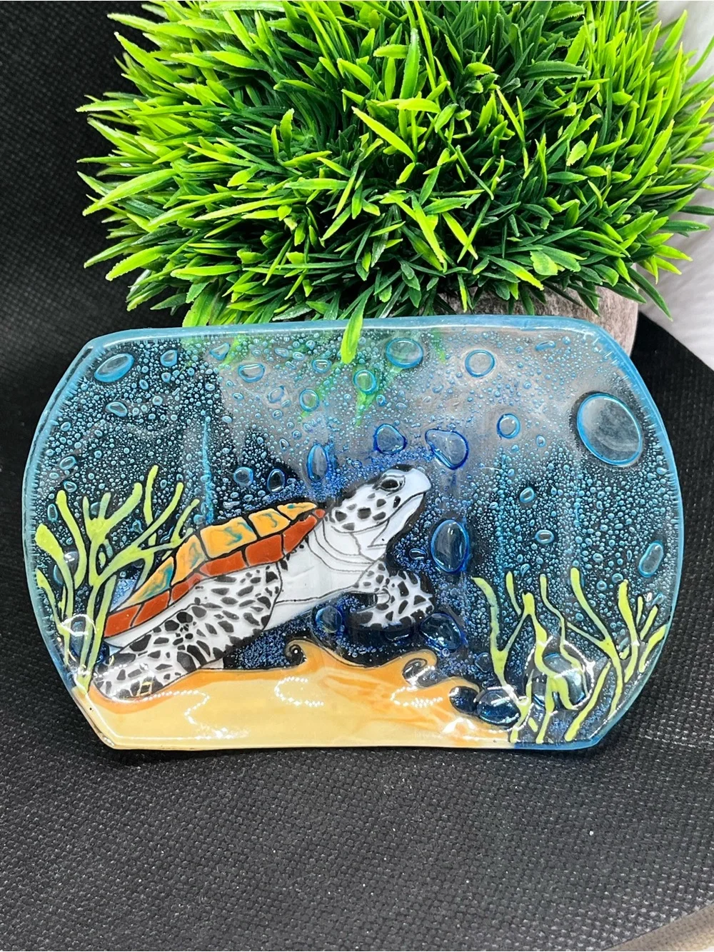 Hand-blown Glass Sea Turtle Blue Soap Dish or Trinket Tray